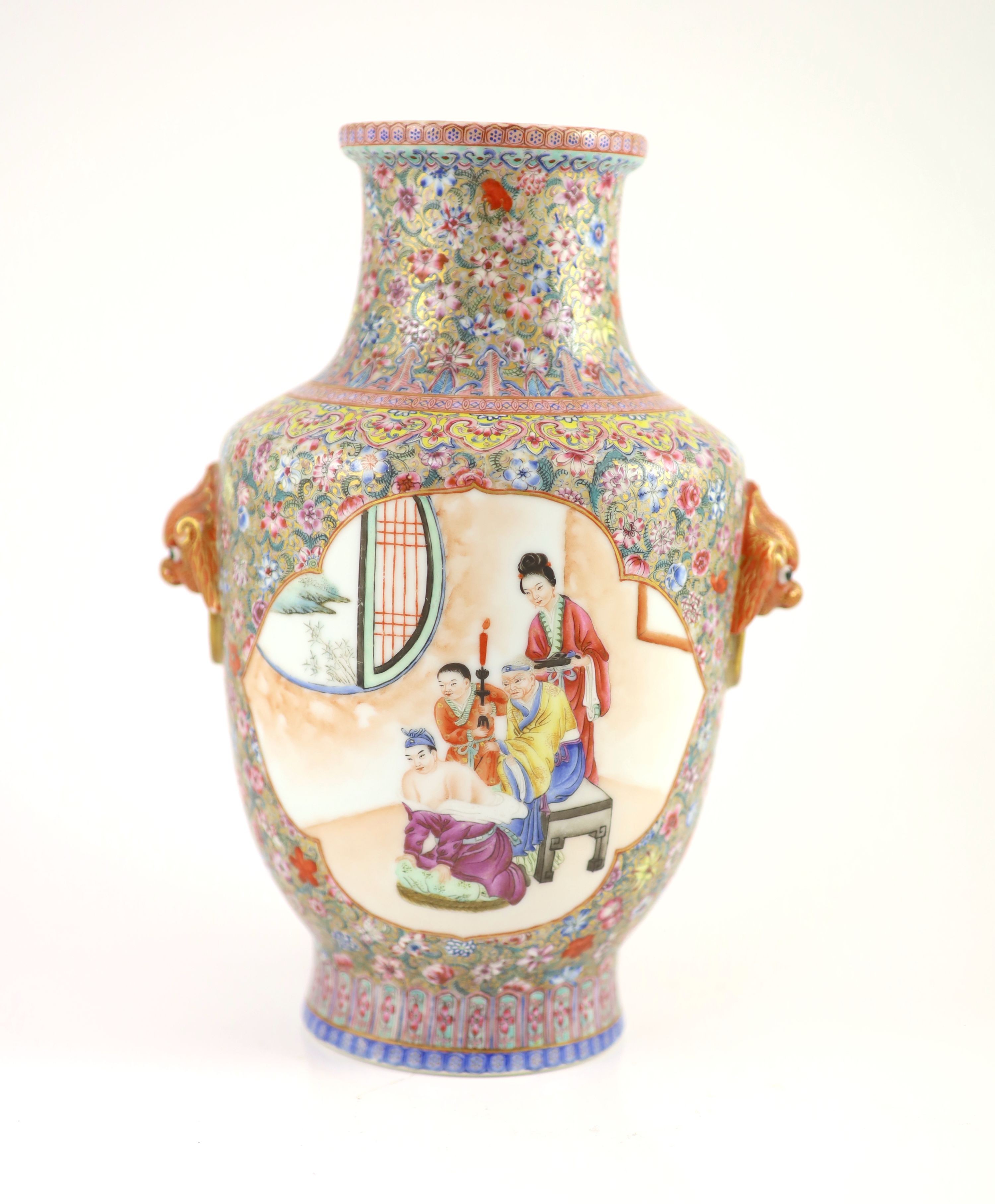 A Chinese famille rose millefleur vase, Qianlong mark but Republic period, 28cm high